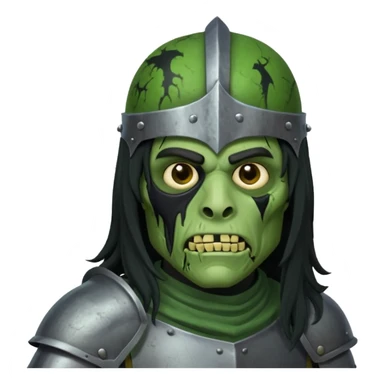 a male with long black rough hair wearing a knight helmet with green zombie skin sticker
