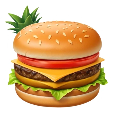 Hamburguesa con una carne, queso derretido, una rebanada de tomate, lechuga, una rebanada de piña. Colocar encima del pan una aceituna con un palillo sticker