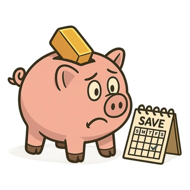 piggy bank with a gold bar and a small calendar beside it, showing weekly saving, flat friendly style sticker