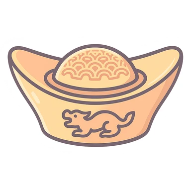 Create a Chinese gold ingot (yuanbao) with patterned decoration, in icon-color-outlined style with shadows and highlights, thin clean contours, soft rounded shapes. Use a pastel palette: #98B5BC, #B5B3C1, #C9A3C9, #E4C0CA, #F7DCD1, #F7C0AA. Modern Japanese pop-art and sticker aesthetics, high detail, vector sharpness, soft lighting, transparent background. Shape as in the reference. sticker