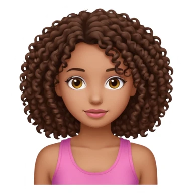 Uma menina com o cabelo cacheado é morena, e com uma regata rosa sticker