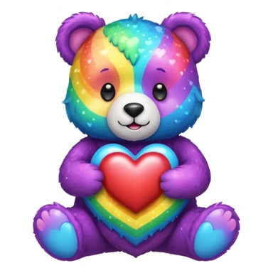 Sparkle Rainbow Bear holding a heart sticker