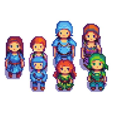 a family of four as pixel art characters, simple and colorful sticker