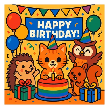 vibrant-toon style birthday party scene with a rainbow color theme including rainbow balloons, multicolored decorations, confetti, a large rainbow birthday cake, gifts, and a festive atmosphere. Main character is a ginger tabby kitten wearing a birthday hat, surrounded by a hedgehog, owl, and squirrel also celebrating. Prominent 'Happy Birthday!' message included in the scene. sticker