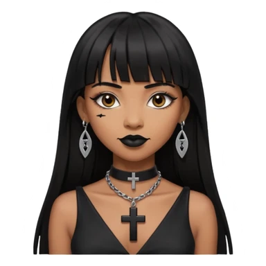 vampira parda com cabelo preto longo e liso e franja, olhos pretos, brincos em formato de cruz, choker em formato de cruz, roupa preta com decote, batom preto e sorrindo de canto sticker