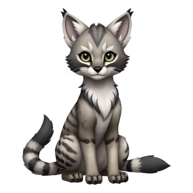 Cute kawaii cool edgy badass  ashen grey fur with smoky charcoal ombré fade fantasy-caracal-civet-genet-sergal-vernid-Gryphon-Cacomistle-Trico-oncilla-animal-Fakémon-hybrid-fursona (full body), facial markings, (realism style) sticker