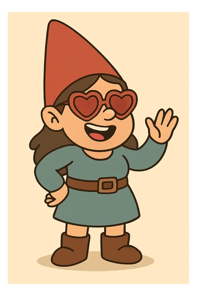 Change the sunglasses on the female gnome to heart-shaped, playful style sunglasses. Keep the rest of the image intact. sticker
