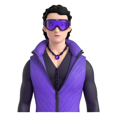 male athlete with white skin and moderately curly black hair on top with shaved sides, wearing ski goggles with purple frames and very dark black lenses, a simple plain black chain necklace, and a completely unzipped shiny vest with purple and black sequin fire pattern design, fully revealing his chest and abs, no earrings sticker