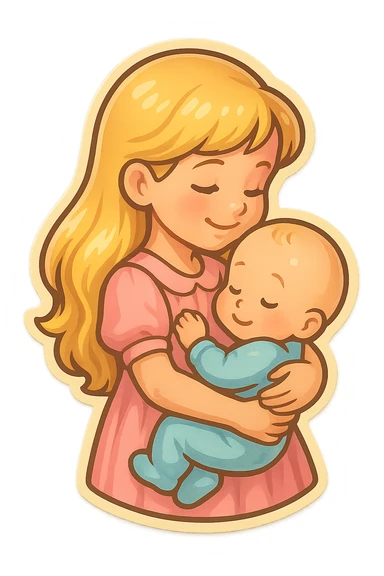 cute girl with long blonde hair holding a baby in her arms, smiling, side view, retro stickers style, thin clean outlines, soft rounded shapes, pastel palette, retro sticker aesthetic, detailed shadows and highlights, soft lighting sticker