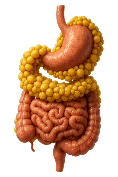 STOMACO E INTESTINO SONO VERTICALMENTE COLLEGATI E INTORNO A QUESTI ORGANI CI SONO CELLULE DI GRASSO GIALLE ATTACCATE SOPRA A GRAPPOLI, IPERREALISTICO 4K sticker