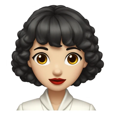 girl dark hair short to the shoulders and bangs, red lips , white coat with stosce sticker