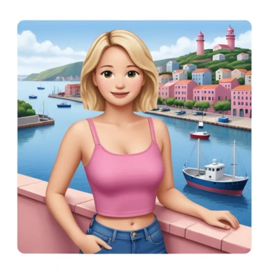 jennifer lawrence, pink crop top, and blue jeans, leaning on a balcony with a harbor and cityscape in the background, smiling sticker