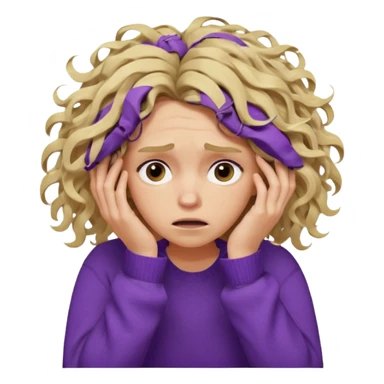 Emoji-style illustration of a frustrated young woman, messy, tangled, curly tousled blonde hair, clearly unkempt and chaotic, wearing a purple sweater, holding her face in her hands, expressing annoyance and disappointment, cartoonish, expressive, simple lines, flat colors, clear silhouette,  sticker