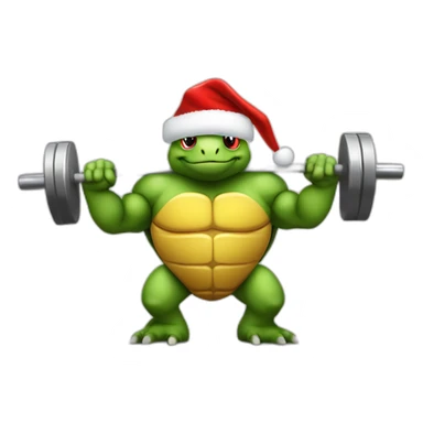 Bodybuilder turtle pumping iron wearing Christmas hat sticker