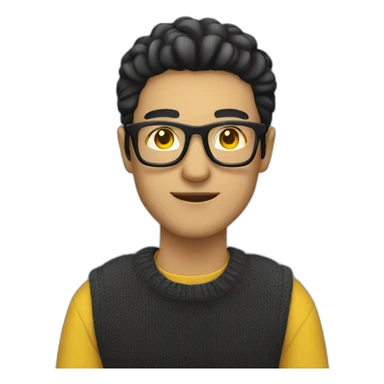 White man with yellow tinted glasses and black hair in a jumper sitting on a chair sticker