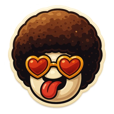 White circle coffee bean face, afro, heart glasses, big heart eyes, tounge rolled out sticker