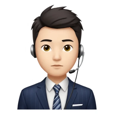 A young Asian man with light skin, short dark hair styled upward with a sharp spiked swoop in front, slightly narrowed almond-shaped eyes with a confident, knowing squint, a clean-shaven face, and a sleek single-ear headset, wearing a dark pinstripe suit with a patterned shirt tie sticker