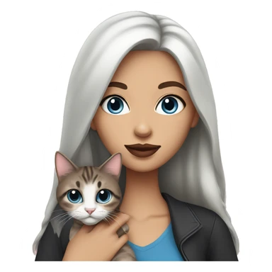 Woman with dark long hair, pink lips and blue eyes holding a tabby cat  sticker