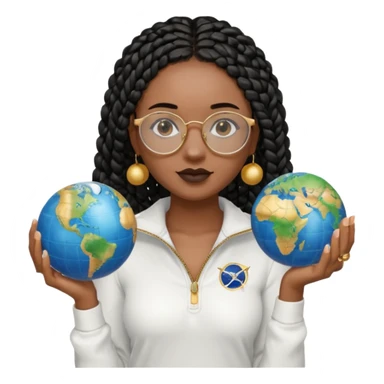 a young woman wearing fine gold round glasses and black hair in several box braids, no earrings, she has light black skin, and she's wearing a white shirt with a black quarterzip. She's holding a globe in one hand sticker