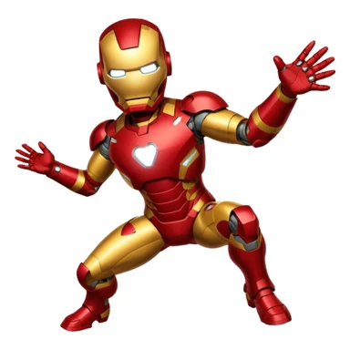 Iron Man flying emoji, arms forward, red and gold suit, apple style emoji sticker