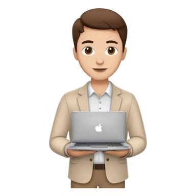 business owner confidently, holding a closed laptop in one hand and a takeaway coffee cup in the other. The character wears casual-smart clothes. sticker