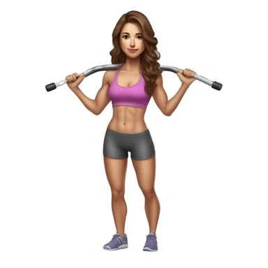 Hyperrealistic pencil drawing of athletic sexy girl in full height with brown hair and barbell sticker