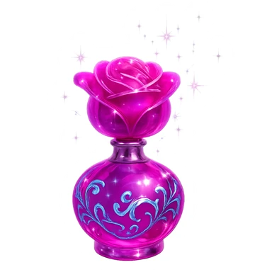 modernus prabangus eliksyro buteliukas, rožės forma, ryški rožinė spalva, holografiniai ir sidabriniai ornamentai, itin ryškūs magiški švytėjimai ir efektai, labai mažas kaklelis, skaidrus fonas, vientisas dugnas, be šešėlio, plūduriuoja ore, kolekcijos stilius sticker