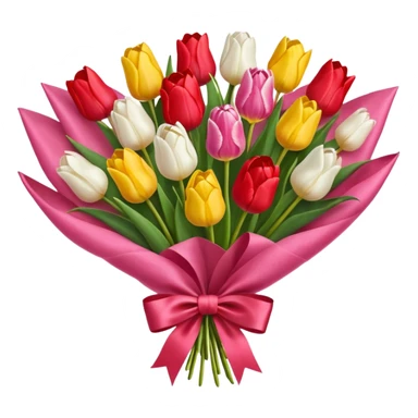 bouquet of many tulip with bow and yellow wrapping paper sticker