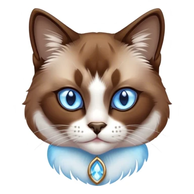 Cinematic Noble Brown Mantle Snowshoe Cat Portrait Emoji, Poised and regal, with sleek brown fur draping elegantly over its back like a mantle, contrasted by a crisp white chest, paws, and facial markings, piercing icy-blue eyes, Simplified yet sharp and sophisticated features, highly detailed, glowing with a soft, dignified glow, high shine, intelligent and graceful, stylized with an air of elegance, focused and attentive, soft glowing outline, capturing the essence of a watchful and refined feline, so majestic it feels as though it could glide across the screen with effortless confidence! sticker