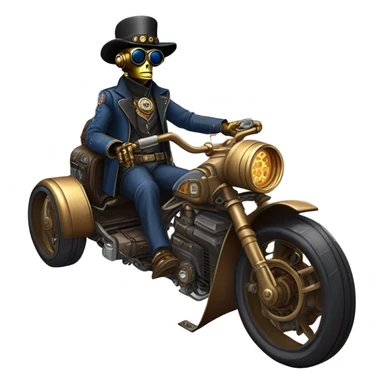 Bounty hunter C-3PO Jedi wearing a pair of navy-blue rimmed steampunk goggles, hat, leather chaps, fringe jacket riding a relaxed sci-fi 3 wheeler reverse-trike steampunk rat rod motorcycle with large fenders and saddlebags in desert town  sticker