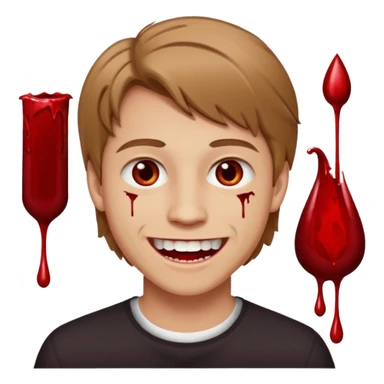 парень с русыми волосами средней длины; белая кожа; белые глаза; открытая улыбка, где на зубах кровь;  sticker