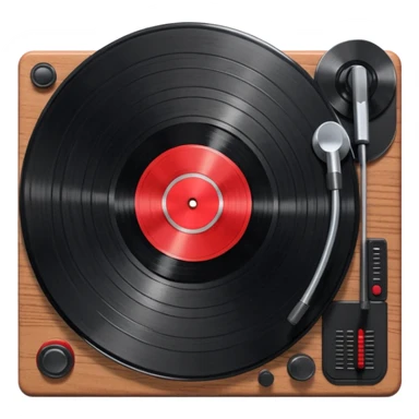 3D render of Vinyl Record, vintage 1980s audio equipment aesthetic, tactile analog buttons, shiny black grooved disc with a red center label, mixed wood grain and brushed aluminum textures, Apple emoji style, isolated on white background --v 6.0 sticker