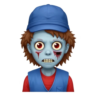 brown fluffy hair zombie with blue and white hat dark blue jilet red t shirt sticker