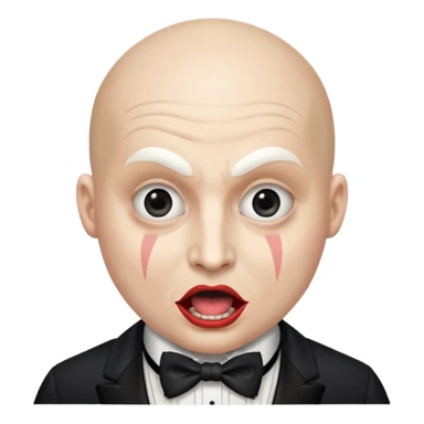 a bald cabaret actor with a white-painted face and heavily made-up eyes and mouth, a huge, wide-open mouth, and a startled look sticker