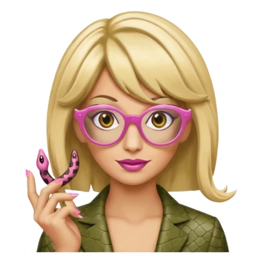 a snake with a bitchy face, a dirty blonde wig, pink pointy nails and square frame golden glasses sticker