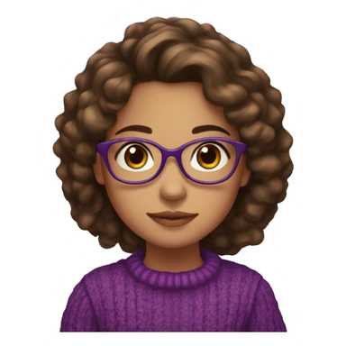young girl, young hispanic, long brown hair, long curly brown hair, brown eyes, purple winter sweater, glasses sticker