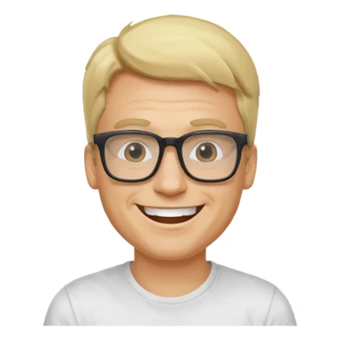 portrait of adult man, wearing a t-shirt, square glasses, grinning face, blond hair sticker