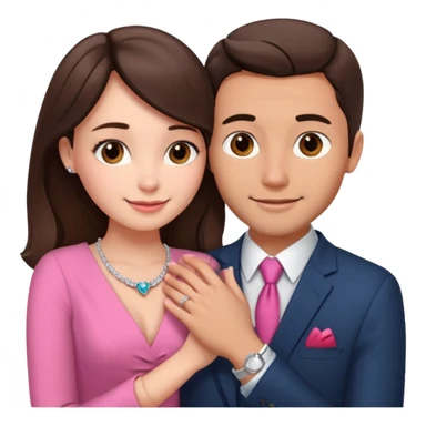 Brunette girl, with an engagement ring on her finger hugging a handsome man, (her boyfriend) both of them happy, she’s wearing a pink dress, he is wearing a suit, he’s also a rich businessman, and there is the 💜 purple heart emoji on top. They look in love with each other sticker