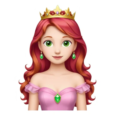 Aurora princess, classic fairytale style, red hair, pink gown, gentle smile, green amber eyes, standing pose, emoji style sticker