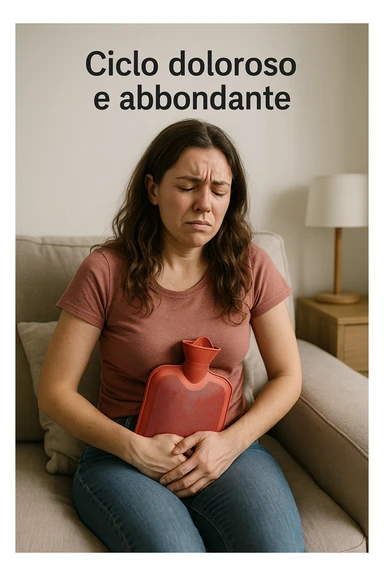 donna con ciclo doloroso e abbondante. testo in italiano. sticker