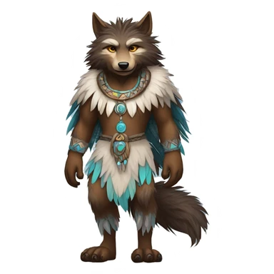 Fluffy Shy Spiritual Shamanic WereWolf With Shiny Tribal Markings wearing feathers Full Body sticker