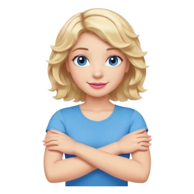 Girl Blonde short wavy hair,  blue eyes, cute blue top, long lashes, pink lips, smiling, making cross arms with arms  sticker