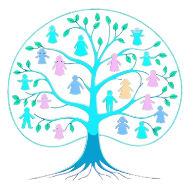Luminous family tree with glowing portraits and ethereal translucent connecting lines floating in dreamlike space sticker
