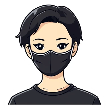 A woman wearing a black mask and black shirt with a white x and has black short hair  sticker