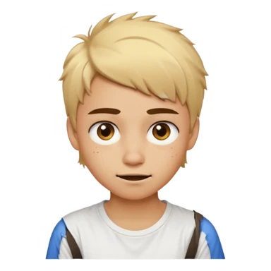 caramel skin color. Teen age. Short buzz, messy blonde hair, dark brown bushy eyebrows large expressive golden-brown eyes, brown skin color, scar over nose, wearing a plain white t-shirt. Awkward smirk with visible teeth. sticker