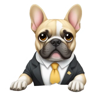 a french bulldog, sitting in a desk, working in a company sticker