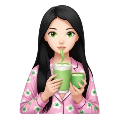 a 18 year old woman pin straight long black hair green eyes pink Victoria secret pjs with matcha sticker