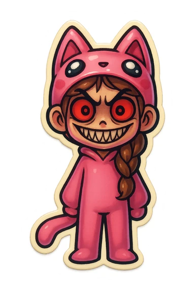 Change the pink character's face to a horror/scary expression, such as wide eyes, sharp teeth, or a creepy smile. Keep the transparent background. sticker
