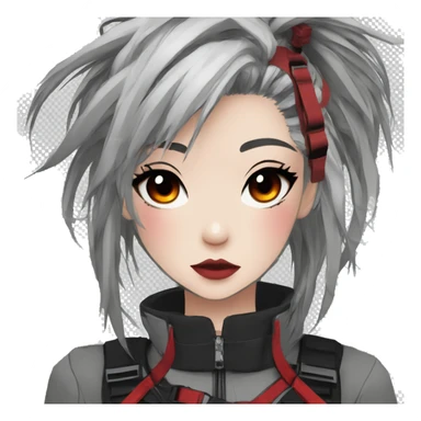 Gorgeous techwear anime style lady with blushing face aesthetic and pretty edgy black red white punk messy hair with collar and harness trending style sticker