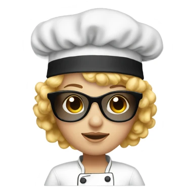 young white woman, with blond curly hair, sunglasses and chef toque sticker